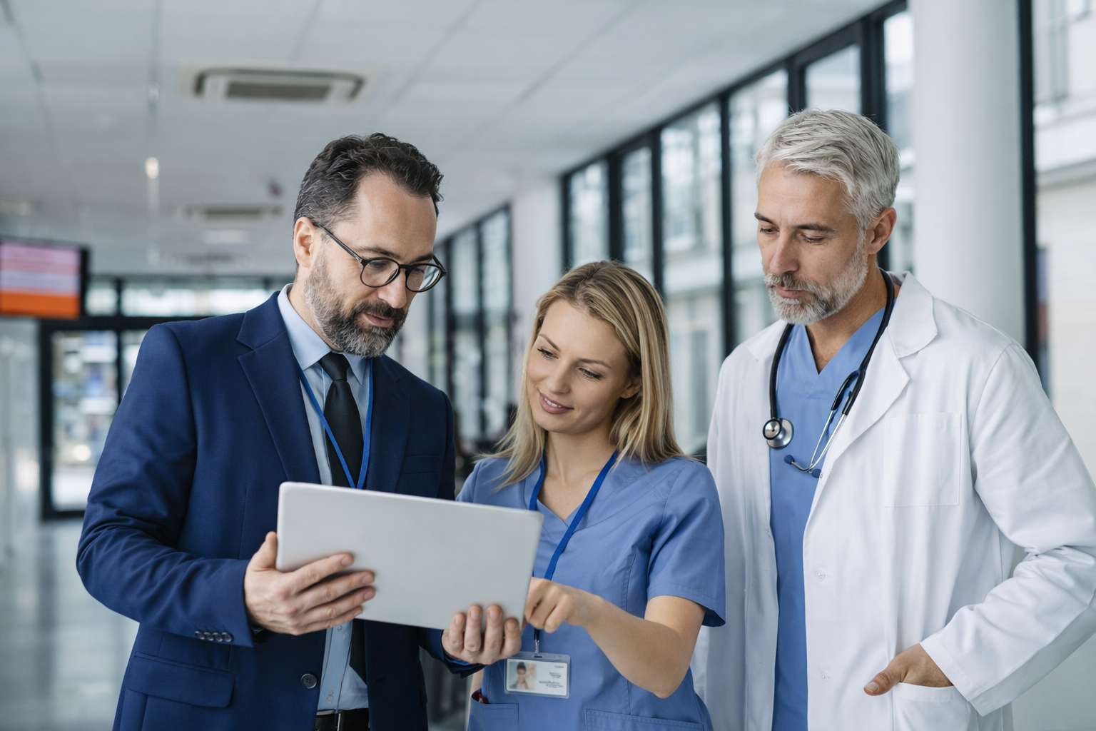 Business professional and medical staff reviewing tablet